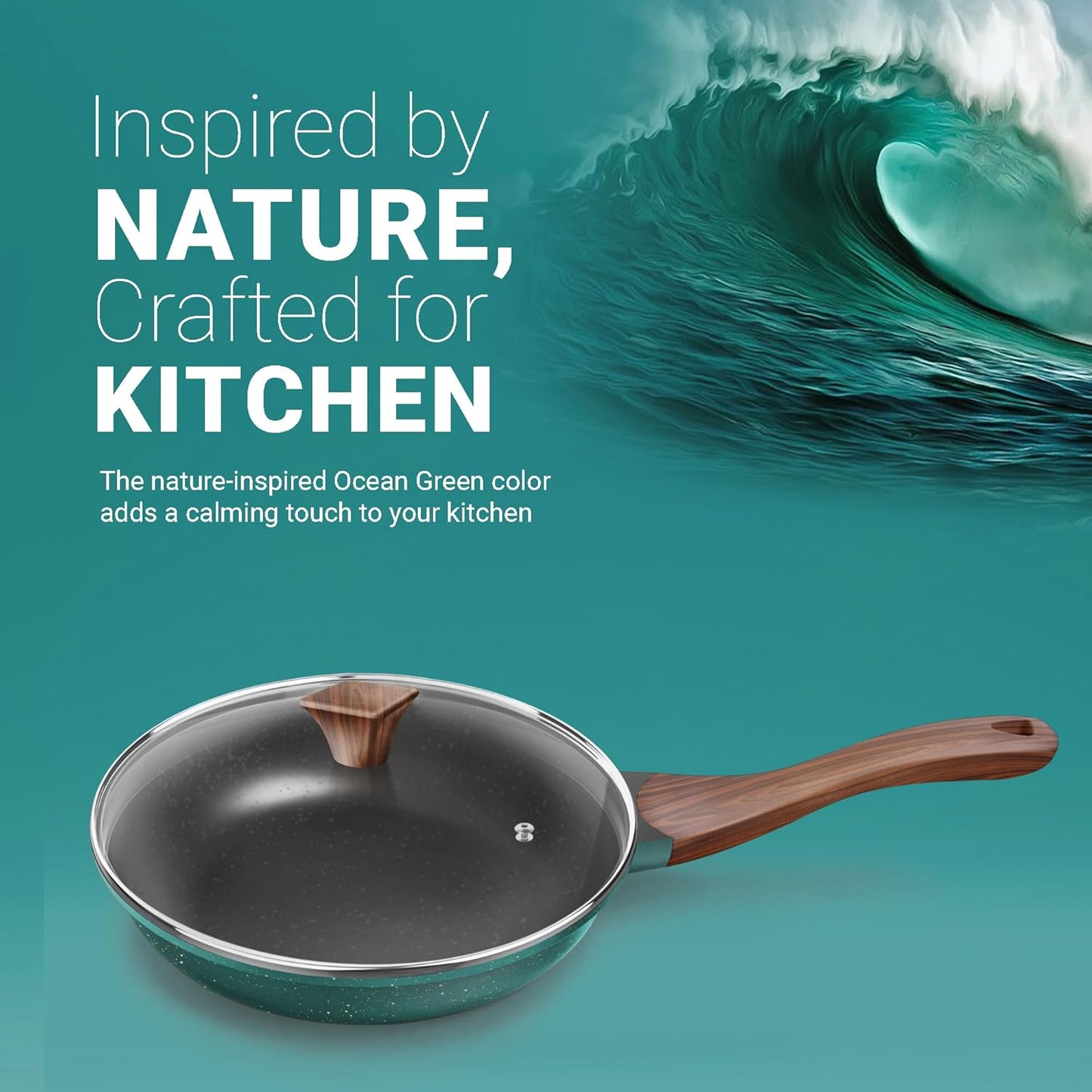 ‎Preethi Artistic Collection Die Cast Non Stick Fry Pan, 24 cm,with Glass Lid, 5 Star Non Stick Effect, Cook & Serve, Ocean Green