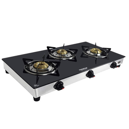 Maharaja Whiteline Belenus Toughened Glass 3 Burner Gas Stove, Black