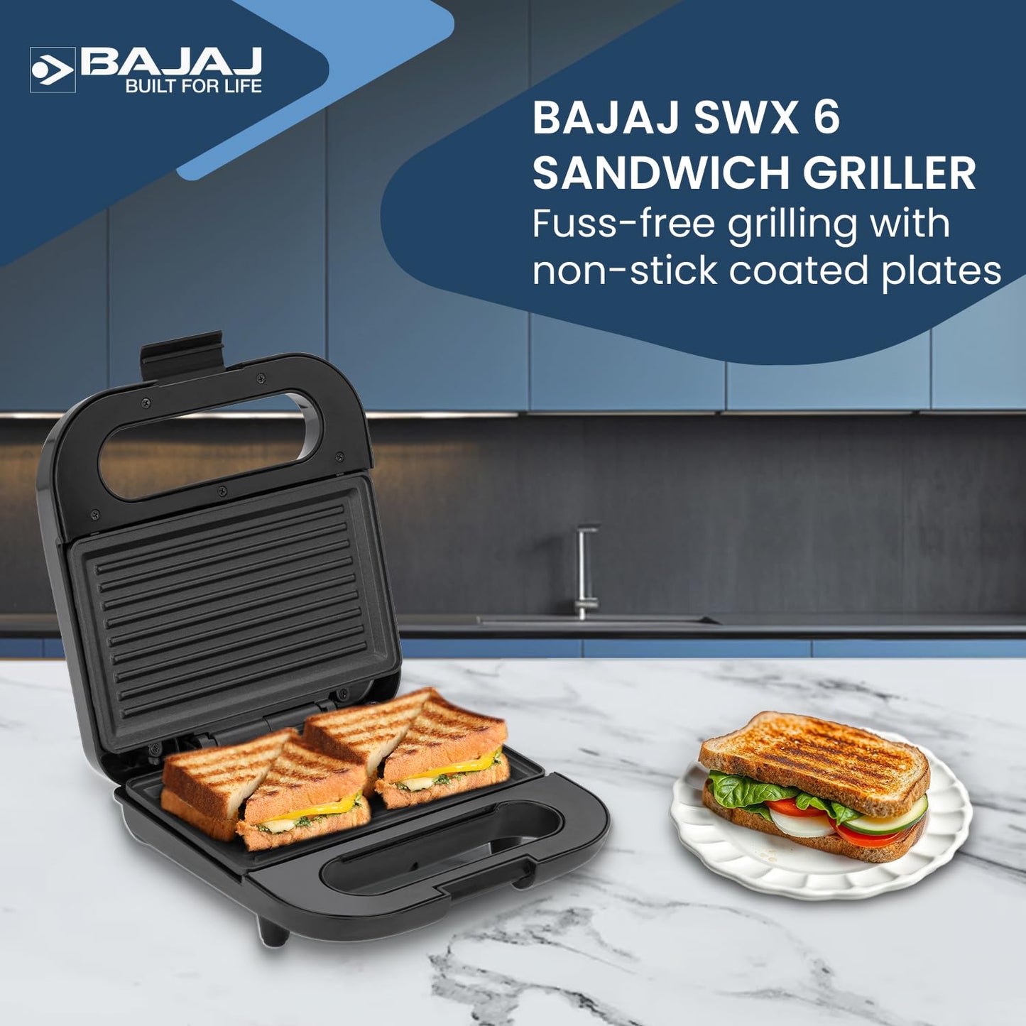 Bajaj SWX 6 800-Watt 2-Slice Sandwich Griller | Non-Stick Coated Plates for Easy-to-Clean | Upright Compact Storage | Buckle Clips Lock | 2 Years Warranty | Black