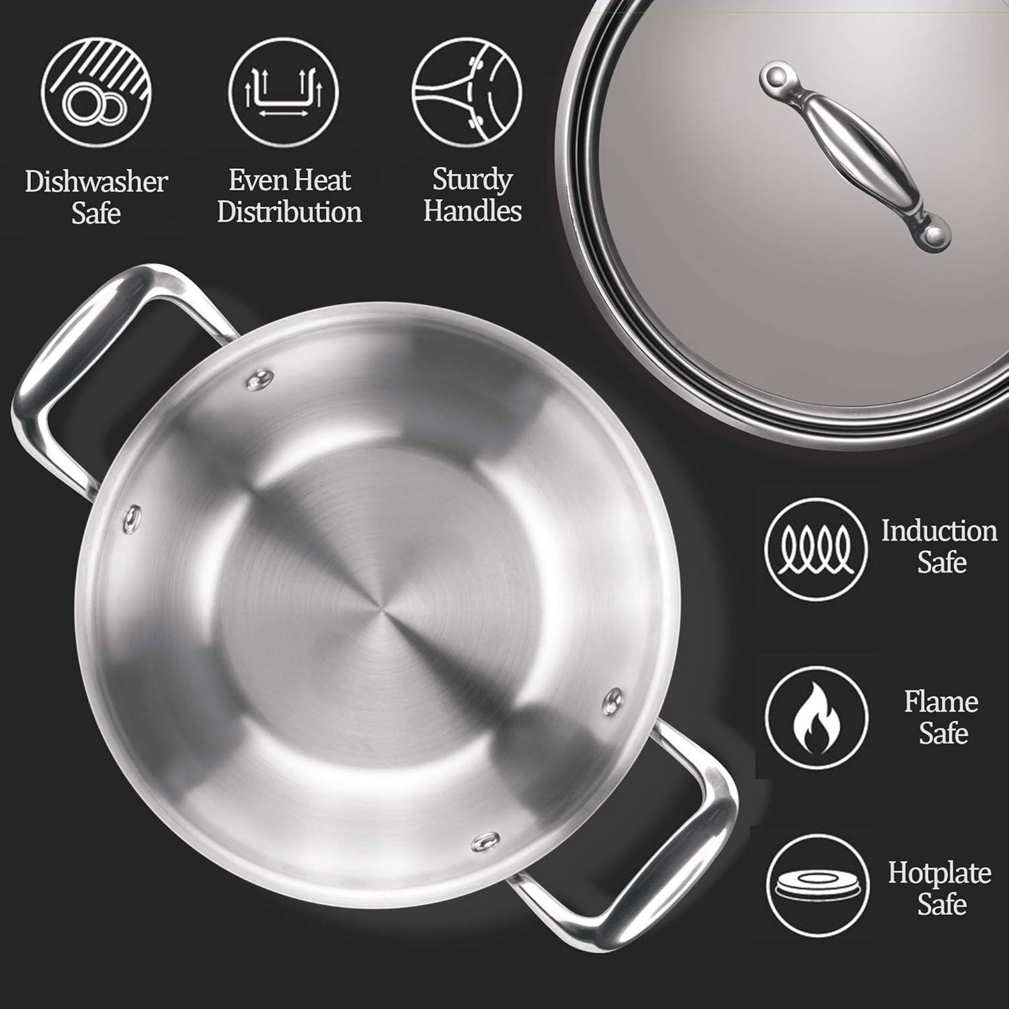 MILTON Pro cook TriPly Stainless Steel 26 cm Kadai with Lid, 3.6 litres, 3 Layer Kadhai for Cooking, Induction Bottom and Gas Stove Ready Cookware, Easy to Clean, 3 Years Warranty