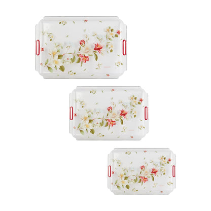 Nayasa Modern Plastic Rectangular Serving Tray Set of 3, Small, Medium & Large | Durable Multipurpose Kitchen Tray for Tea, Coffee, Snacks, Fruits & Desserts | Transparent Red