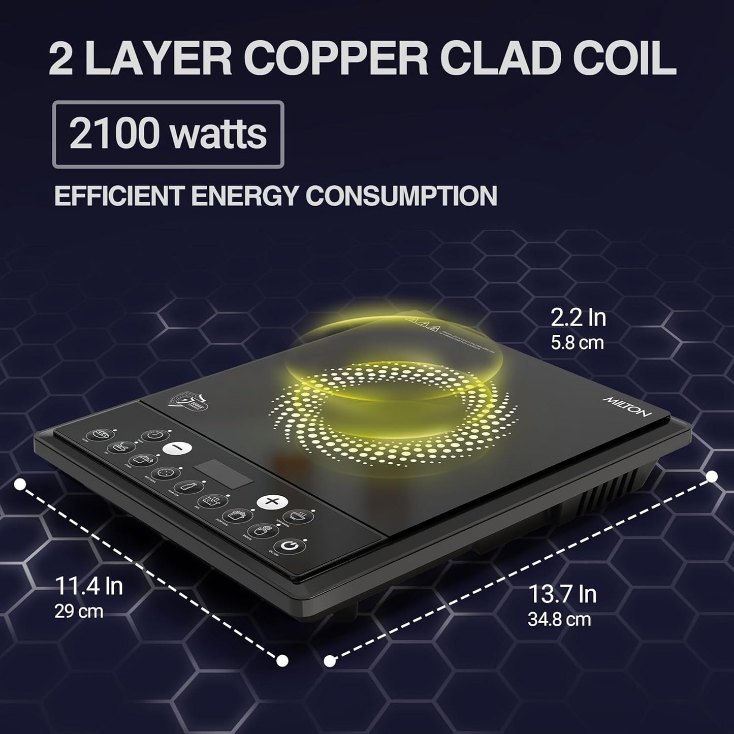 Milton Elio 21.0 Portable Induction Cooktop | LED Display Panel, 5KV Surge Protection I Timer & Preset Menu Functions | 2100 W Push Button| Fast Cooking | 3-Year Warranty on Coil