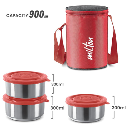 MILTON Ambition 3 Stainless Steel Tiffin, 3 Containers, 300 ml Each with Jacket, Red | Light Weight | Easy to Carry | Leak Proof | Food Grade | Odour Proof