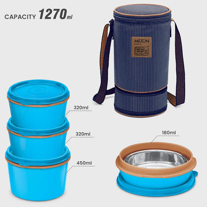 MILTON Flexi 3+1 Lunch Box with Insulated Fabric Jacket, 4 Inner Stainless Steel Containers (180 ml, 320 ml, 320 ml, 450 ml), Microwave Safe & Leak-Proof Tiffin for Office, School, College, Blue