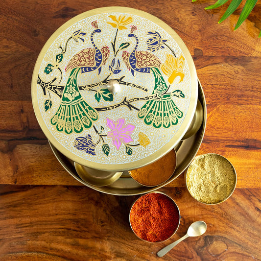 Tulsi Brass Masala box Peacock Printed