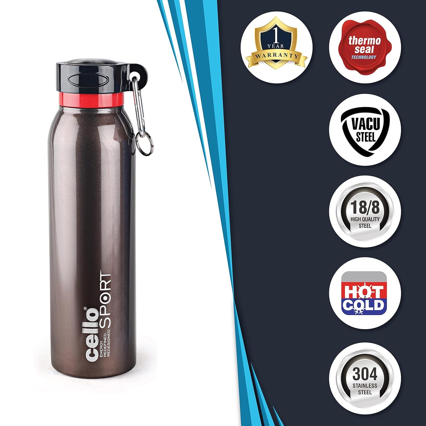 Cello Beatle Stainless Steel Vacuum Insulated Bottle, Brown, 1000ml |Hot & Cold Water Bottle with Screw top Lid | Double Walled Water Bottle for Sports, Gym, Outdoor, Travel