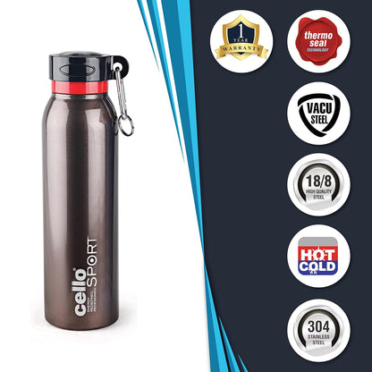 Cello Beatle Stainless Steel Vacuum Insulated Bottle, Brown, 1000ml |Hot & Cold Water Bottle with Screw top Lid | Double Walled Water Bottle for Sports, Gym, Outdoor, Travel