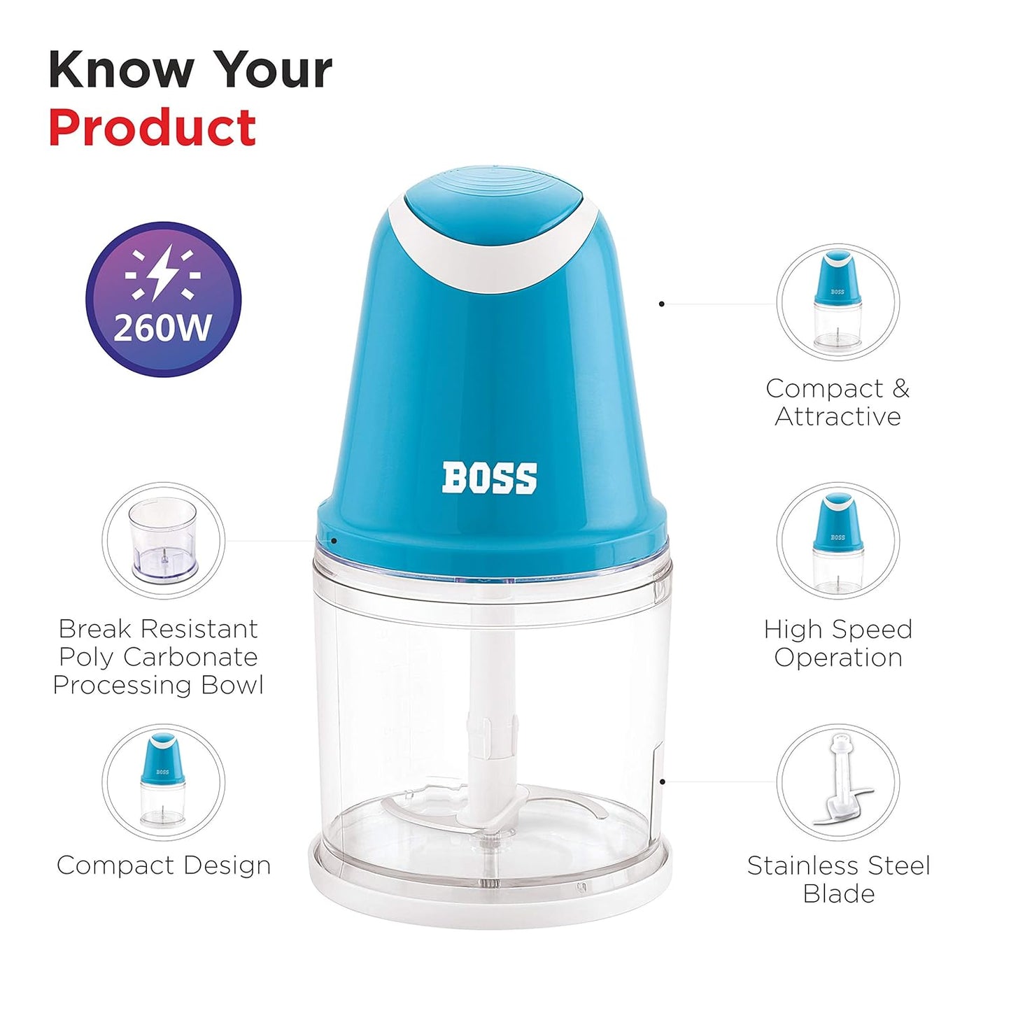 BOSS Speedy Vegetable Chopper 500 Ml, Blue (B-708) Chopper & Whisk Blades