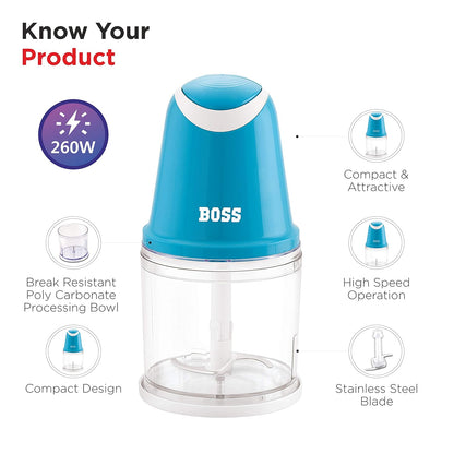 BOSS Speedy Vegetable Chopper 500 Ml, Blue (B-708) Chopper & Whisk Blades