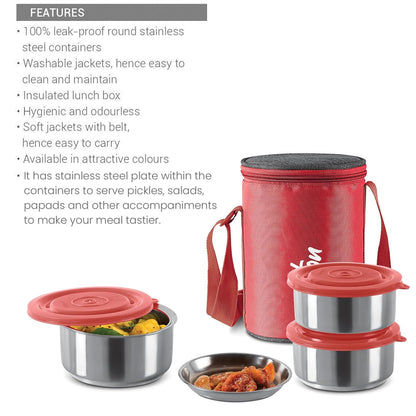 MILTON Ambition 3 Stainless Steel Tiffin, 3 Containers, 300 ml Each with Jacket, Red | Light Weight | Easy to Carry | Leak Proof | Food Grade | Odour Proof