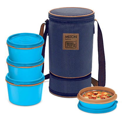 MILTON Flexi 3+1 Lunch Box with Insulated Fabric Jacket, 4 Inner Stainless Steel Containers (180 ml, 320 ml, 320 ml, 450 ml), Microwave Safe & Leak-Proof Tiffin for Office, School, College, Blue