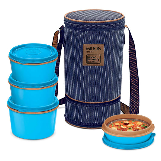 MILTON Flexi 3+1 Lunch Box with Insulated Fabric Jacket, 4 Inner Stainless Steel Containers (180 ml, 320 ml, 320 ml, 450 ml), Microwave Safe & Leak-Proof Tiffin for Office, School, College, Blue