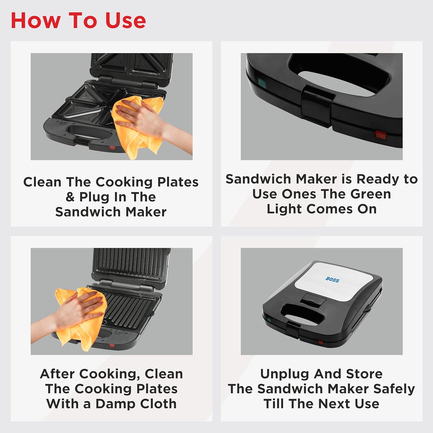 BOSS JumboXL 4 Sandwich Griller Toaster with 2in1 Changeable Plates | 1300-Watt | 4-Slice Grill & Toast Option | Buckle Clips Lock | 2 Yr Warranty | Black