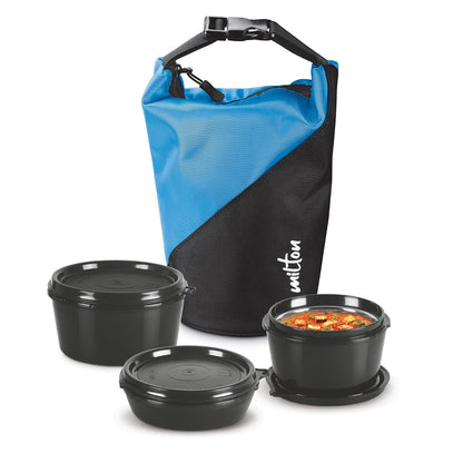 MILTON Micro Meal Lunch Box (3 Microwave Safe Inner Steel Containers,1 x 180 ml, 2 X 320 ml Each) with Insulated Fabric Jacket, Blue