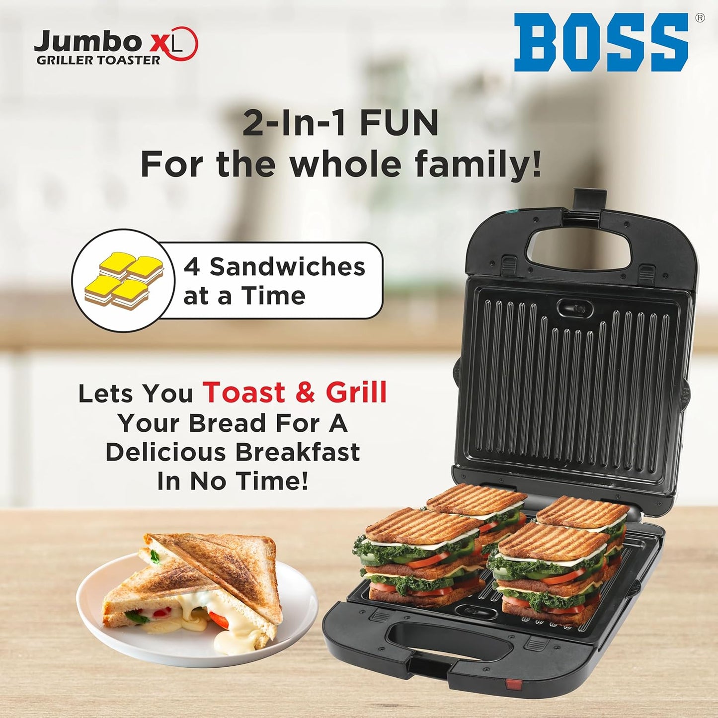 BOSS JumboXL 4 Sandwich Griller Toaster with 2in1 Changeable Plates | 1300-Watt | 4-Slice Grill & Toast Option | Buckle Clips Lock | 2 Yr Warranty | Black