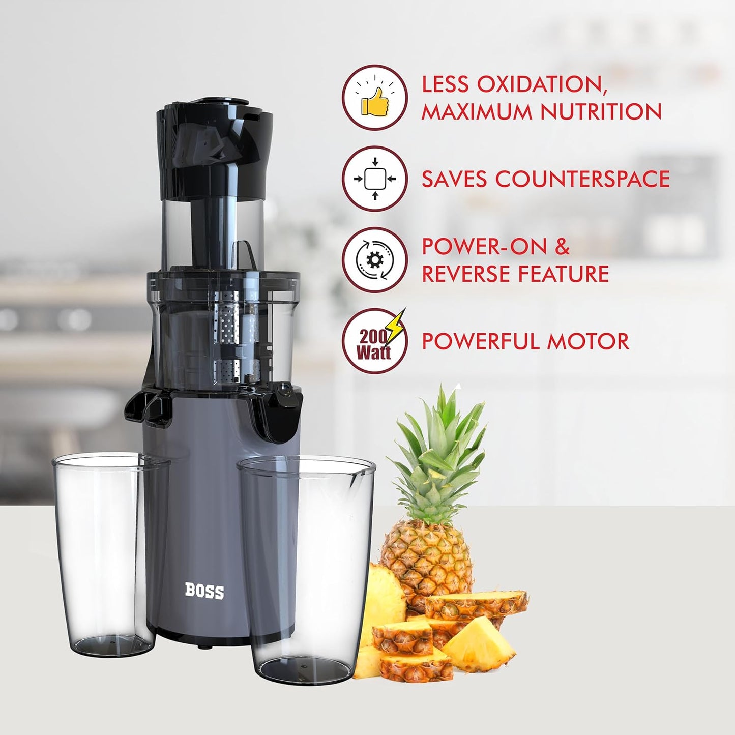 BOSS Fauna Slow Juicer, Professional Cold Press Whole Slow Juicer, 200 Watts | All-in-1 Fruit & Vegetable Juicer, Grey