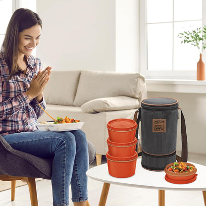 MILTON Flexi 3+1 Inner Stainless Steel Lunch Box with Jacket, Set of 4, (180 ml, 320 ml, 320 ml, 450 ml), Black | Microwaveable Steel | Leak Proof | Food Grade | Dishwasher Safe | Easy to Carry