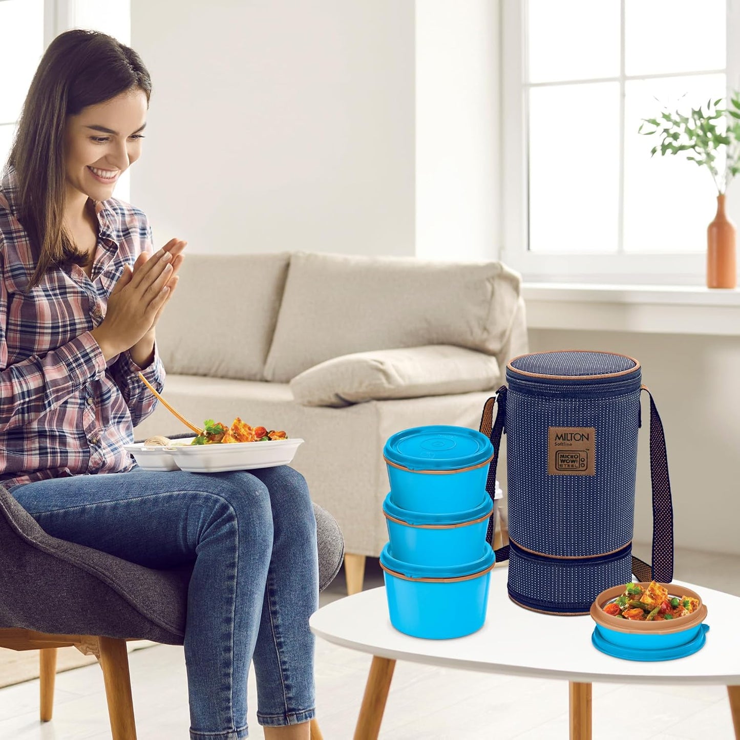 MILTON Flexi 3+1 Lunch Box with Insulated Fabric Jacket, 4 Inner Stainless Steel Containers (180 ml, 320 ml, 320 ml, 450 ml), Microwave Safe & Leak-Proof Tiffin for Office, School, College, Blue