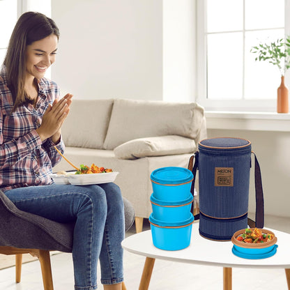 MILTON Flexi 3+1 Lunch Box with Insulated Fabric Jacket, 4 Inner Stainless Steel Containers (180 ml, 320 ml, 320 ml, 450 ml), Microwave Safe & Leak-Proof Tiffin for Office, School, College, Blue