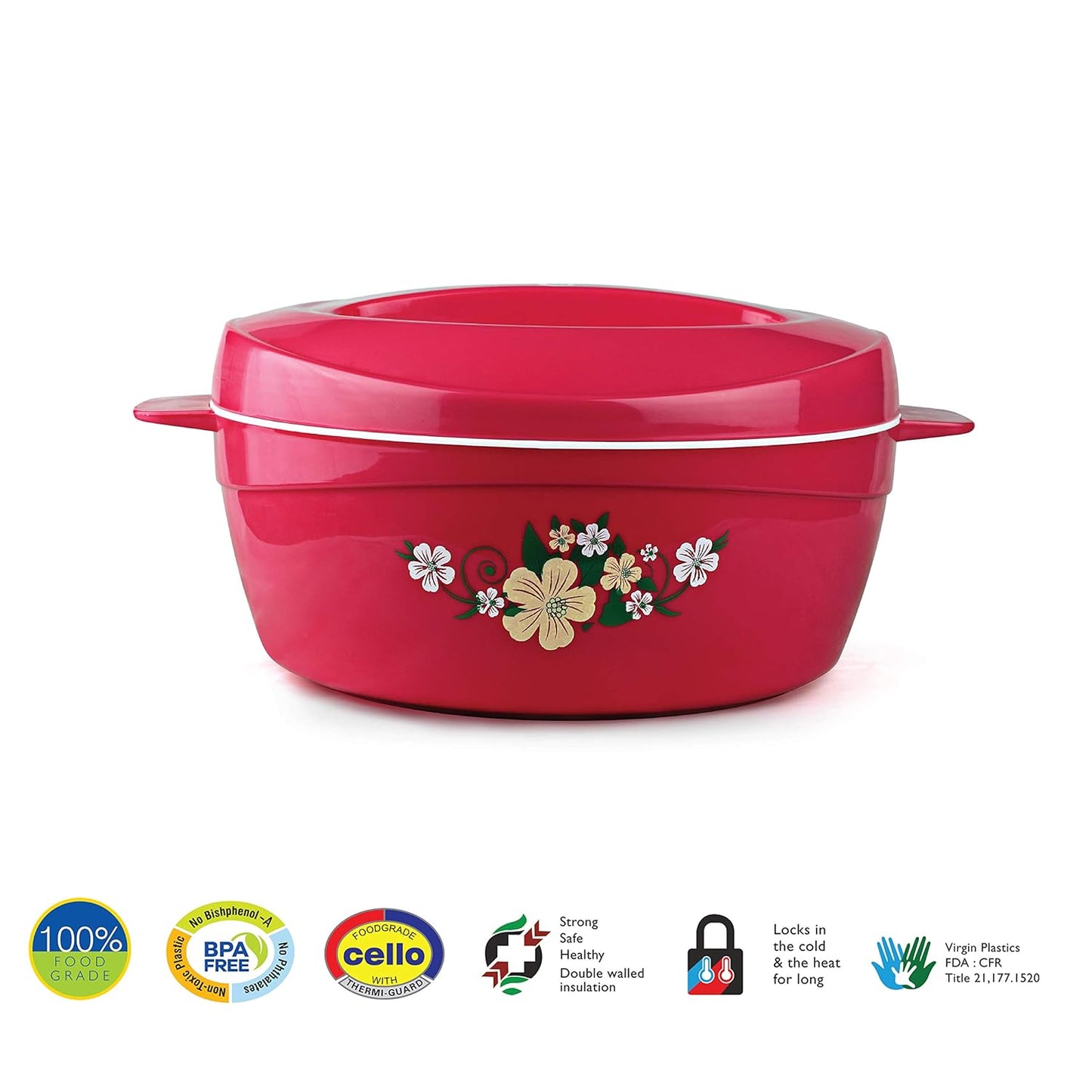 Cello Roti Plus Plastic Floral Casserole with Lid | Locks in the cold & heat for long | Casserole with drip tray | Easy grip lid to open and close | 1.5 L, Pink