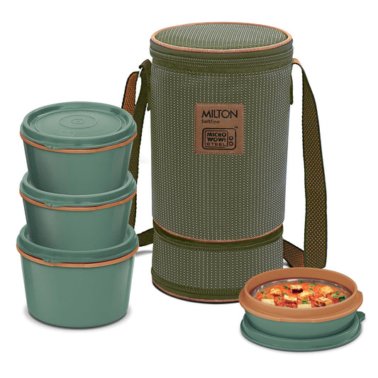 MILTON Flexi 3+1 Inner Stainless Steel Lunch Box with Jacket, Set of 4, (180 ml, 320 ml, 320 ml, 450 ml), Green | Microwaveable Steel | Leak Proof | Food Grade | Dishwasher Safe | Easy to Carry