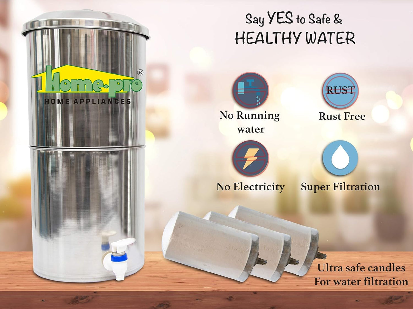 Home-Pro - Gravity Water Filter and Purifier | 27 Liters Total Capacity (14L Bottom & 13L Top) Made with Stainless Steel |Includes 3 Creamic Candle and Food Grade Plastic Tape