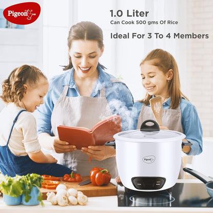 Pigeon by Stovekraft Joy Rice Cooker with Single pot, 1 litres. (White) | Toughened Glass Lid | 400 Watts | Aluminium Cooking Pot | Measuring Cup| Spatula | Energy Efficient Cooking