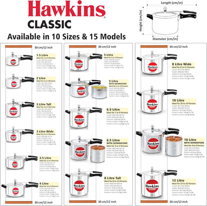 Hawkins Aluminium 8 Litre Classic Pressure Cooker, Tall Design Inner Lid Cooker, Big Cooker, Silver (Cl8T)