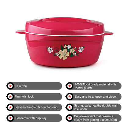 Cello Roti Plus Plastic Floral Casserole with Lid | Locks in the cold & heat for long | Casserole with drip tray | Easy grip lid to open and close | 1.5 L, Pink