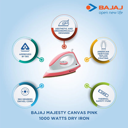 Bajaj ABS Majesty Canvas 1000-Watt Dry Iron | Teflon Coating | Thermal Safety Fuse | 360 Degree Swivel Cord | Cool Touch Body | 2-Yrs Warranty 【Pink】