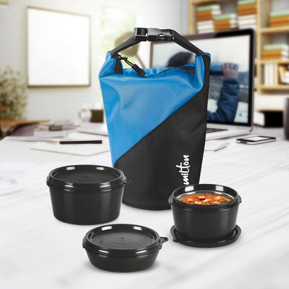 MILTON Micro Meal Lunch Box (3 Microwave Safe Inner Steel Containers,1 x 180 ml, 2 X 320 ml Each) with Insulated Fabric Jacket, Blue