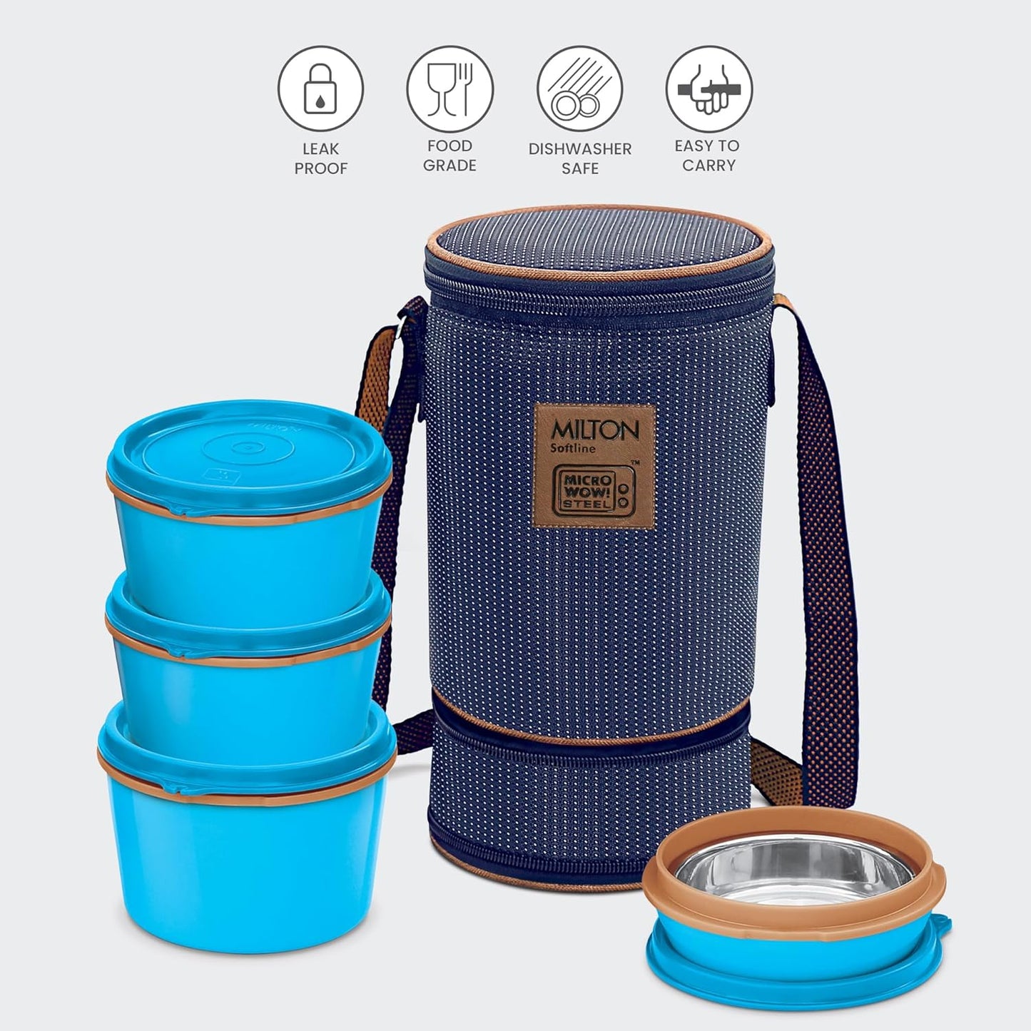 MILTON Flexi 3+1 Lunch Box with Insulated Fabric Jacket, 4 Inner Stainless Steel Containers (180 ml, 320 ml, 320 ml, 450 ml), Microwave Safe & Leak-Proof Tiffin for Office, School, College, Blue