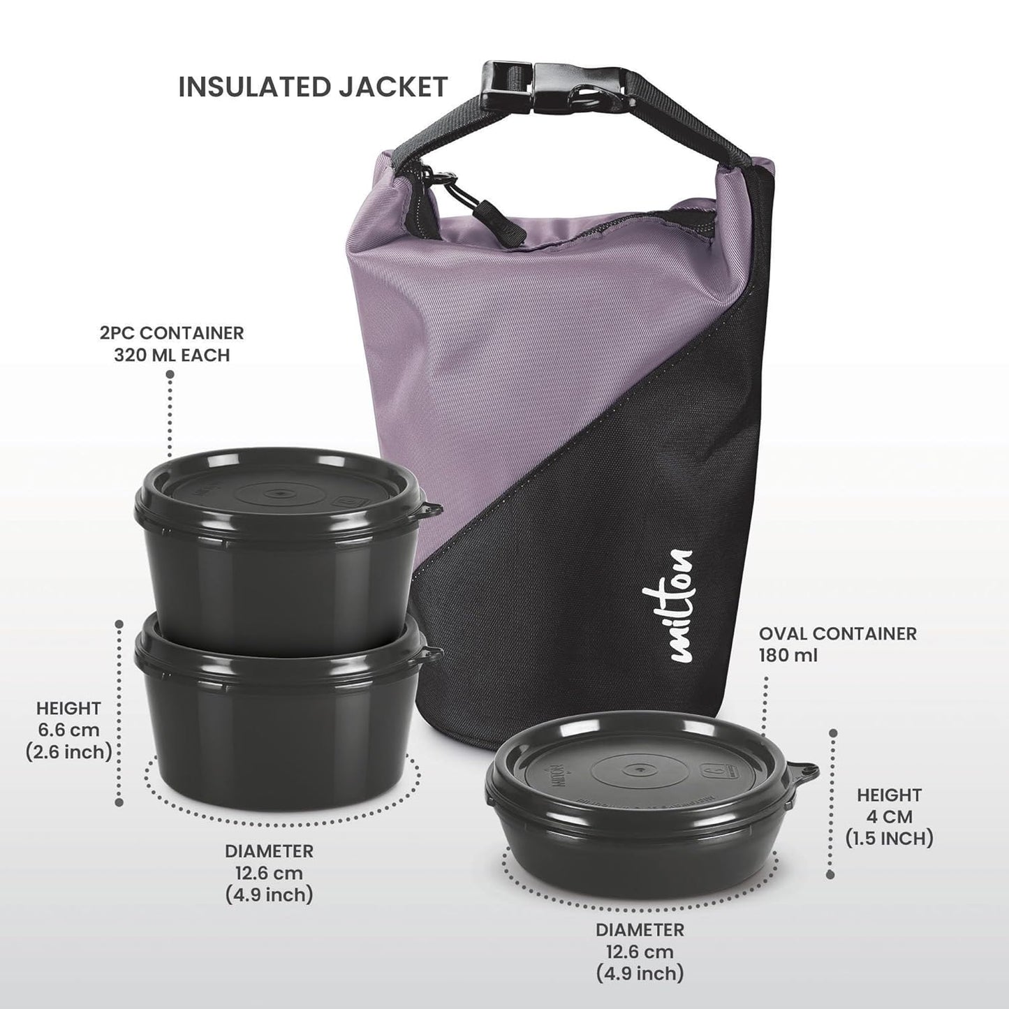 MILTON Micro Meal Lunch Box (3 Microwave Safe Inner Steel Containers,1 x 180 ml, 2 X 320 ml Each) with Insulated Fabric Jacket, Purple