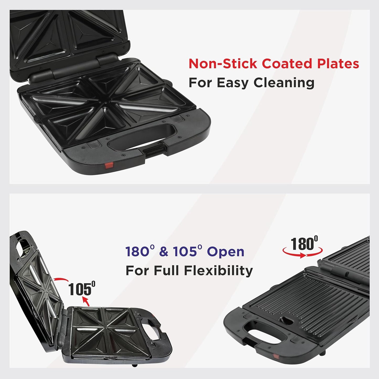 BOSS JumboXL 4 Sandwich Griller Toaster with 2in1 Changeable Plates | 1300-Watt | 4-Slice Grill & Toast Option | Buckle Clips Lock | 2 Yr Warranty | Black