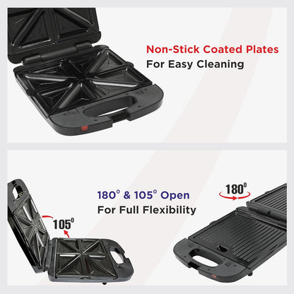BOSS JumboXL 4 Sandwich Griller Toaster with 2in1 Changeable Plates | 1300-Watt | 4-Slice Grill & Toast Option | Buckle Clips Lock | 2 Yr Warranty | Black