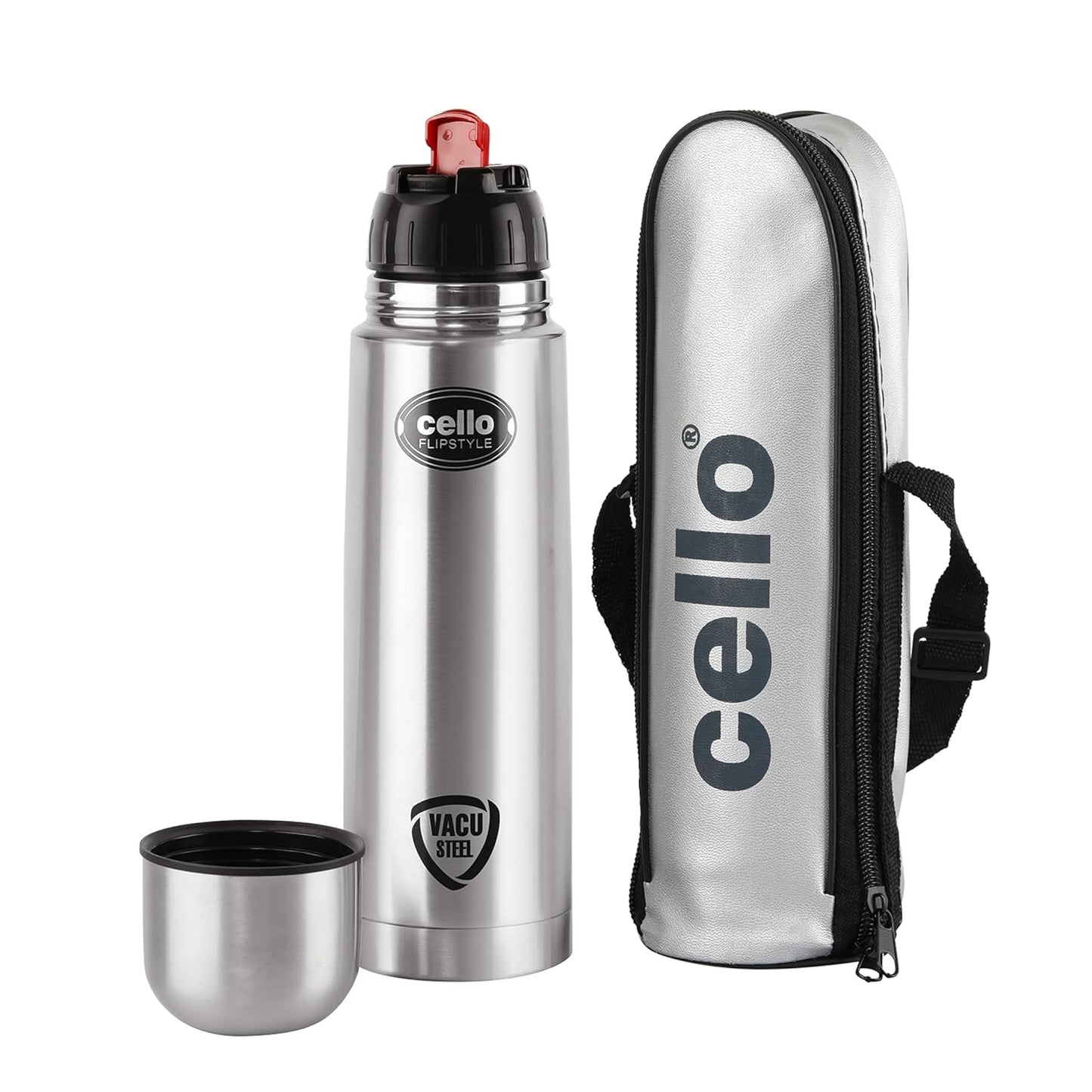Cello Flipstyle Thermosteel Water Bottle with Jacket 500ml, Silver | 24 Hours Hot and Cold | Double Walled | Vacuum Insulated Flip Lid Flask Bottle | Perfect for Water, Tea, Coffee & Cold Beverages