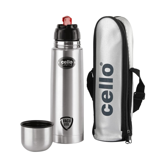 Cello Flipstyle Thermosteel Water Bottle with Jacket 500ml, Silver | 24 Hours Hot and Cold | Double Walled | Vacuum Insulated Flip Lid Flask Bottle | Perfect for Water, Tea, Coffee & Cold Beverages