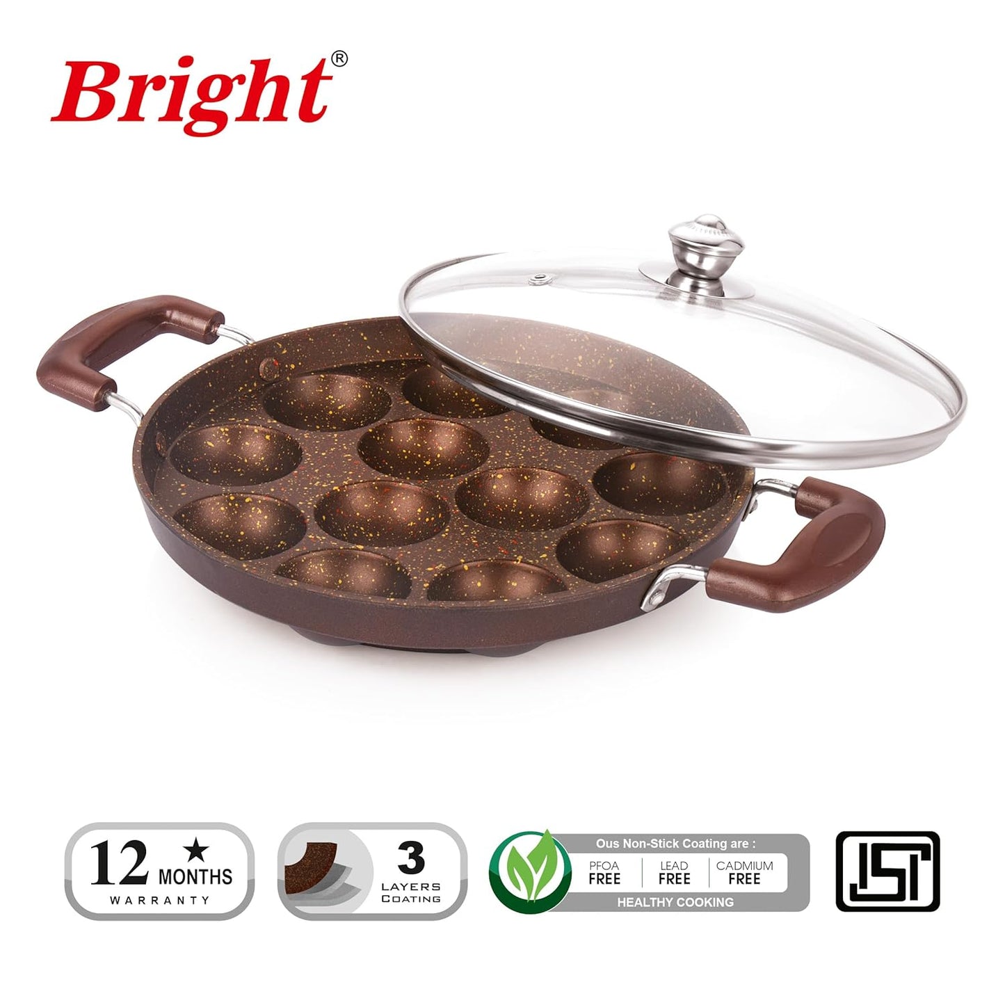 BRIGHT Appam Patra with Glass Lid Non-Stick Heavy Duty Aluminium 25 cm, 12 Cavity | Single Handle with Glass Lid | Appam Maker | Appam Patra |Pure & Toxin-Free, No Chemical Coating