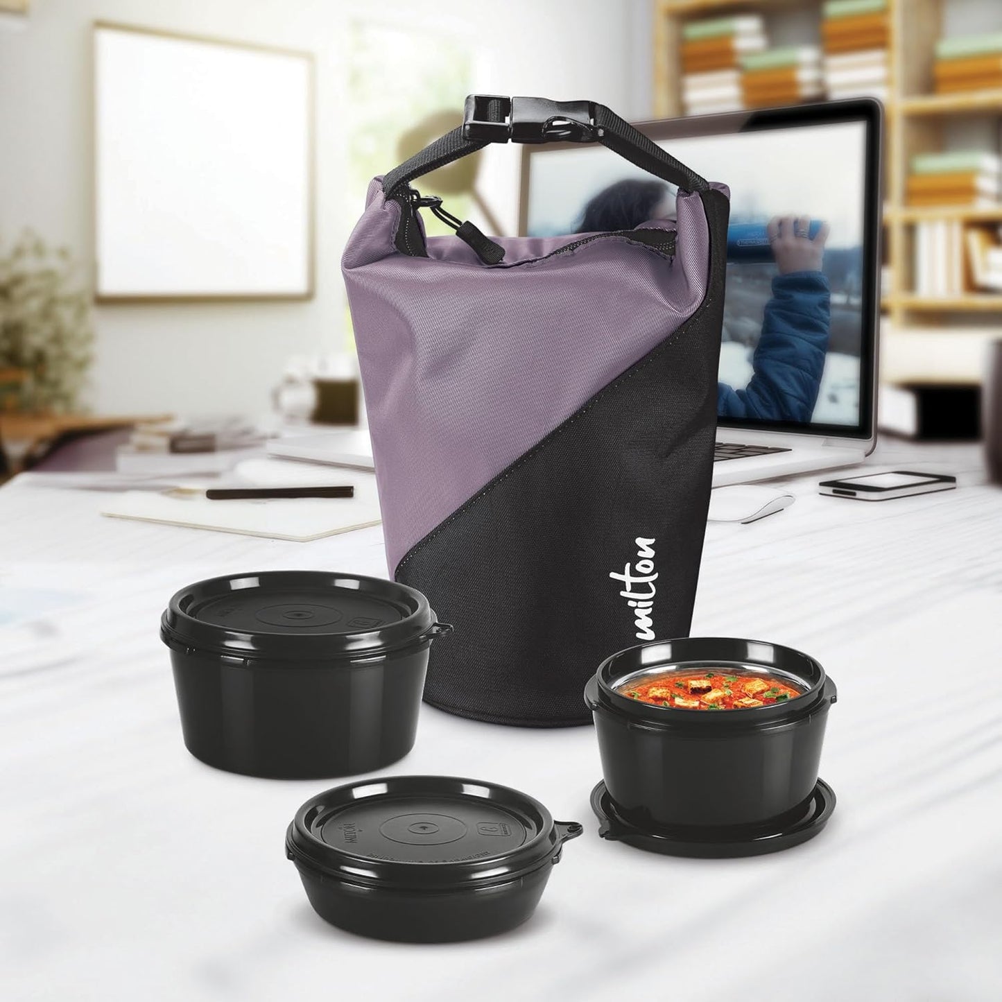 MILTON Micro Meal Lunch Box (3 Microwave Safe Inner Steel Containers,1 x 180 ml, 2 X 320 ml Each) with Insulated Fabric Jacket, Purple