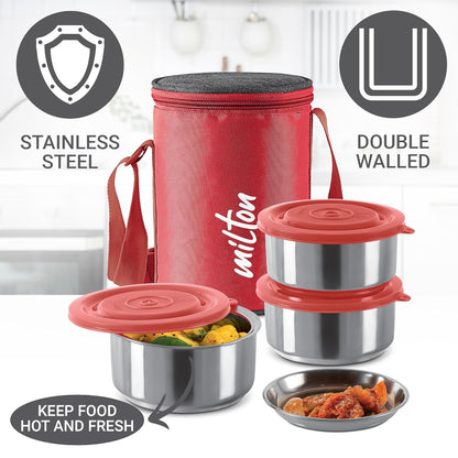 MILTON Ambition 3 Stainless Steel Tiffin, 3 Containers, 300 ml Each with Jacket, Red | Light Weight | Easy to Carry | Leak Proof | Food Grade | Odour Proof