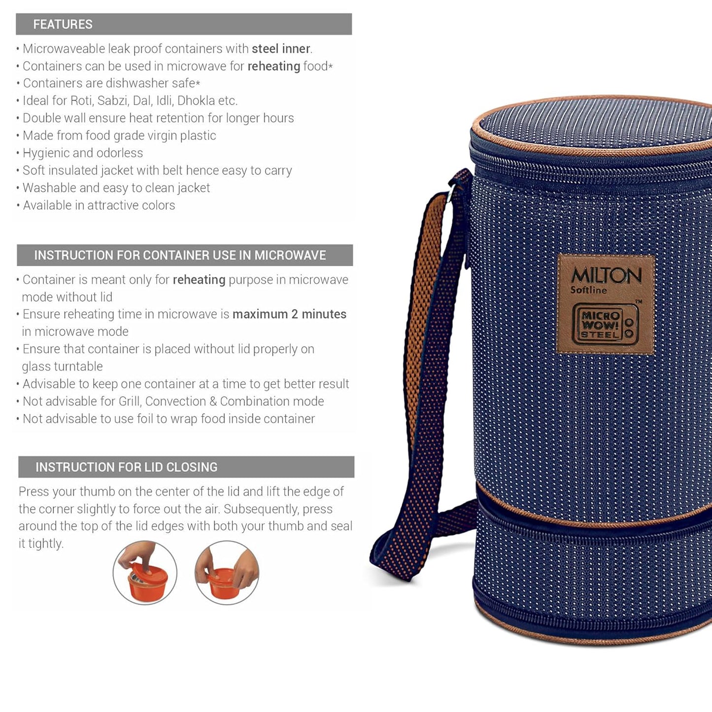 MILTON Flexi 3+1 Lunch Box with Insulated Fabric Jacket, 4 Inner Stainless Steel Containers (180 ml, 320 ml, 320 ml, 450 ml), Microwave Safe & Leak-Proof Tiffin for Office, School, College, Blue