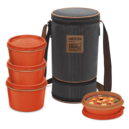 MILTON Flexi 3+1 Inner Stainless Steel Lunch Box with Jacket, Set of 4, (180 ml, 320 ml, 320 ml, 450 ml), Black | Microwaveable Steel | Leak Proof | Food Grade | Dishwasher Safe | Easy to Carry