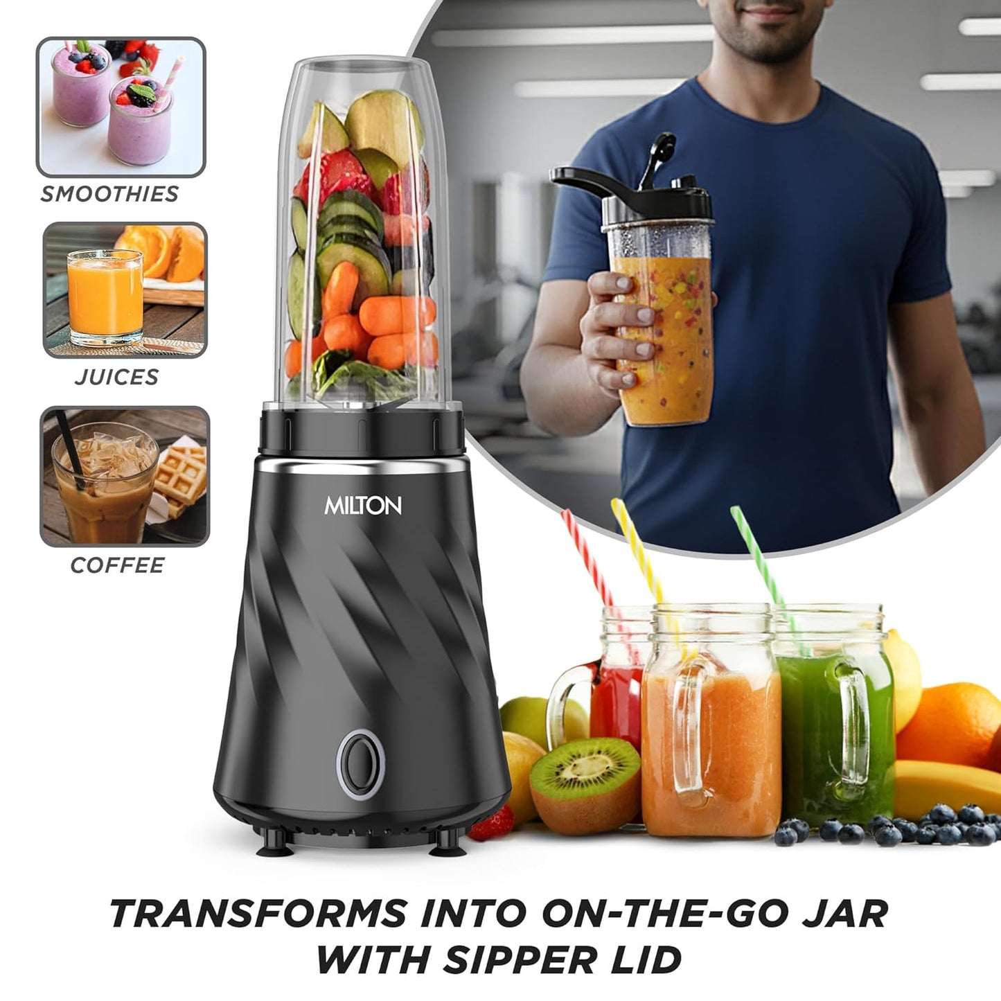 Milton Appliances Miniq Mini Mixer Grinder Blender Smoothie Maker, ISI Certified, Over Load Protector, HTLV 350W Motor, SS Jar,Rust Resistant, Anti Skid Feet,Masala Grinder,Chutney Blender, Black