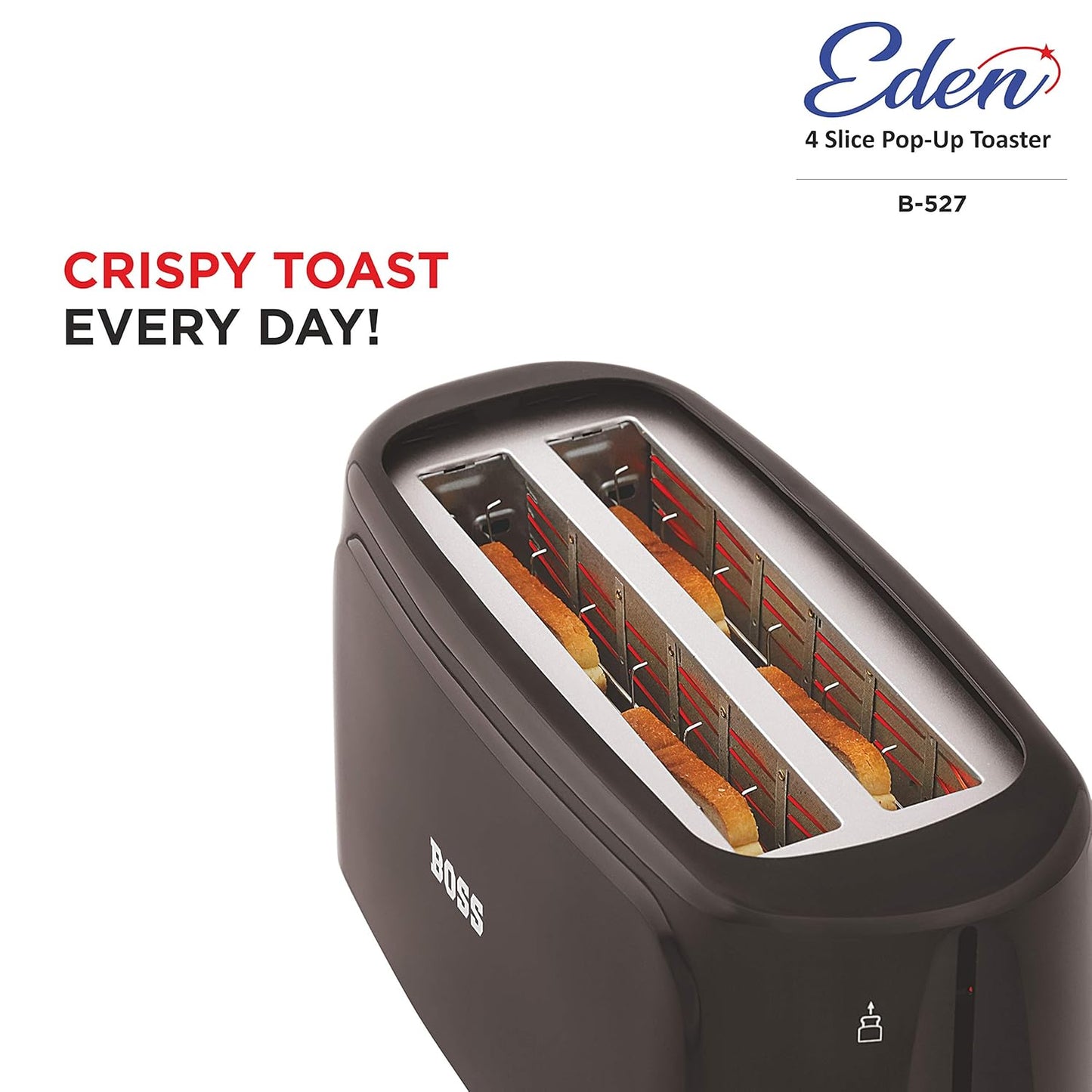 Boss Eden 1100-Watt 4 Slice Automatic Pop-Up Toaster (Black) - 1100 Watts