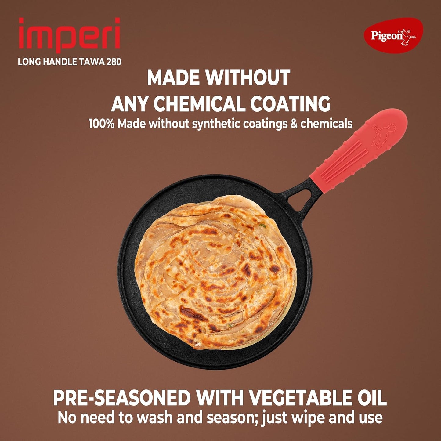 Pigeon by Stovekraft Imperi Cast Iron Tawa 28 cm | Pre-Seasoned with 100% Vegetable Oil | Naturally Nonstick | High Pressure Casting | High Strength | Bring Back Nostalgic Taste | Toxin-Free