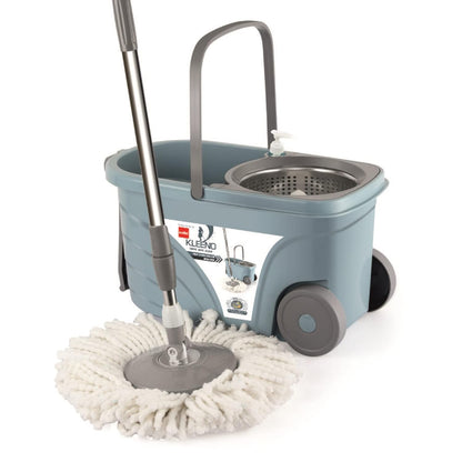 Kleeno by Cello Max Clean Deluxe Stainless Steel Wringer With Big Wheels & Puller Handle, Grey |360° Flexible Mop With 1 Microfiber Refill & Liquid Dispenser|Daily Use Floor Cleaning Pocha With Bucket