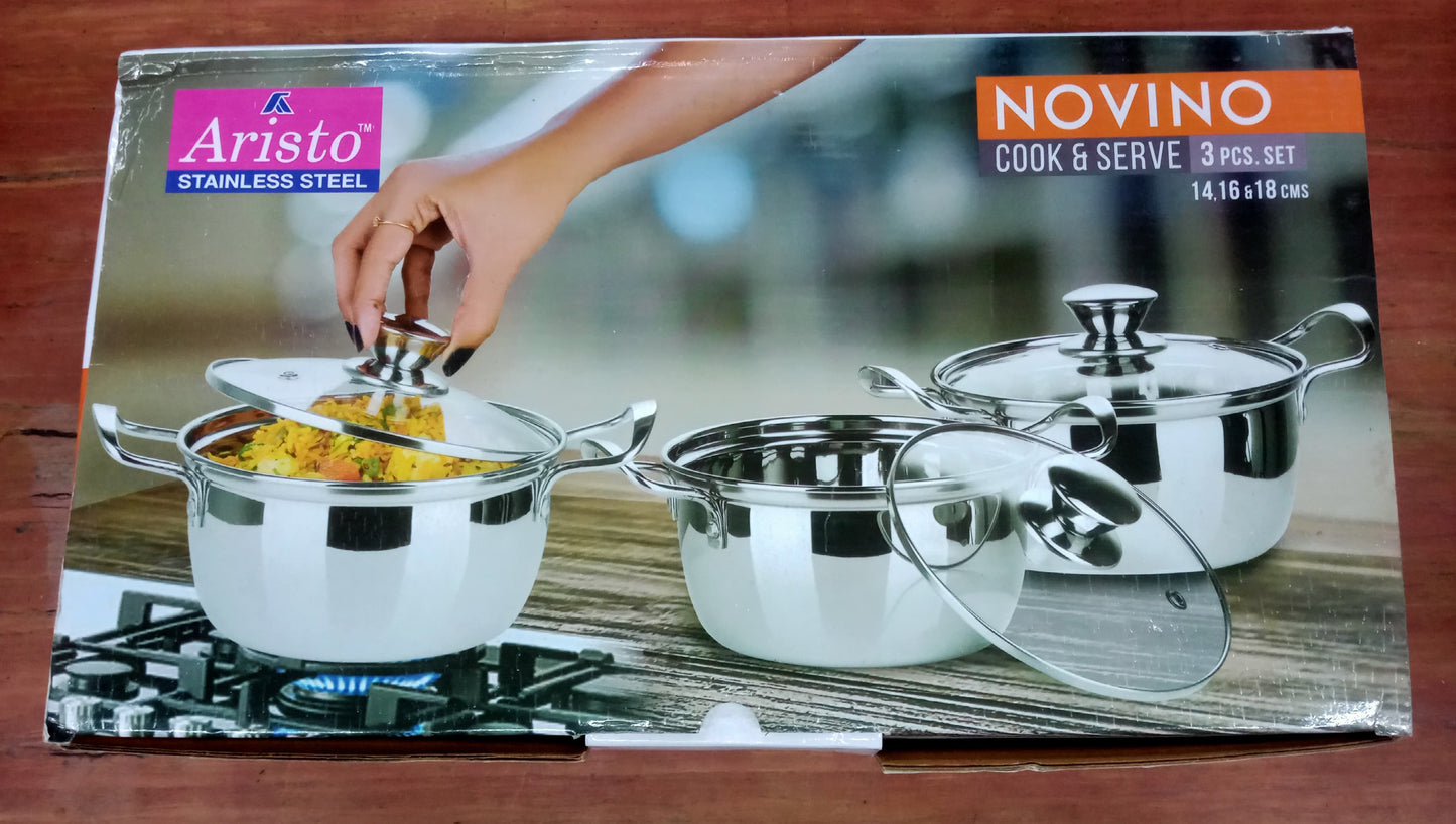 ARISTO NOVINO COOK & SERVE 14,16 &18CMS HANDI 950ML,1.5L&2L WITH LID