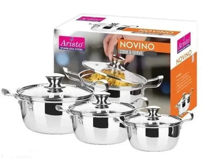 ARISTO NOVINO COOK & SERVE 14,16 &18CMS HANDI 950ML,1.5L&2L WITH LID