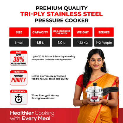 Master Robusta 1.5L Tri Ply Outer Lid Handi Pressure Cooker - Induction Base