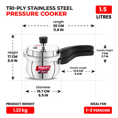 Master Robusta 1.5L Tri Ply Outer Lid Handi Pressure Cooker - Induction Base